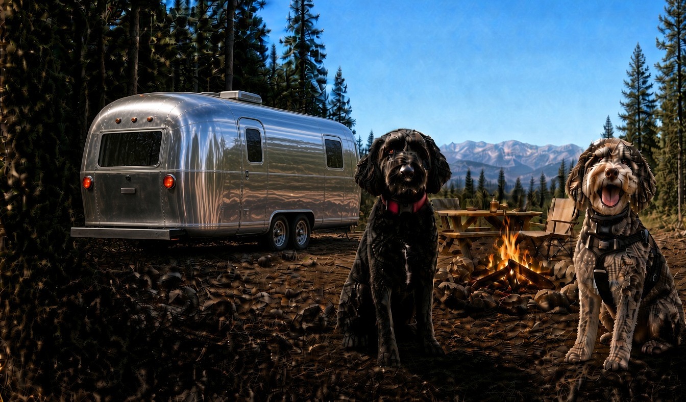 Dublin and Chester at camp with a silver Airstream, daytime